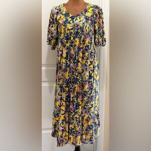 Yellow Floral V-Neck Nightgown with Blue & Pink Accents